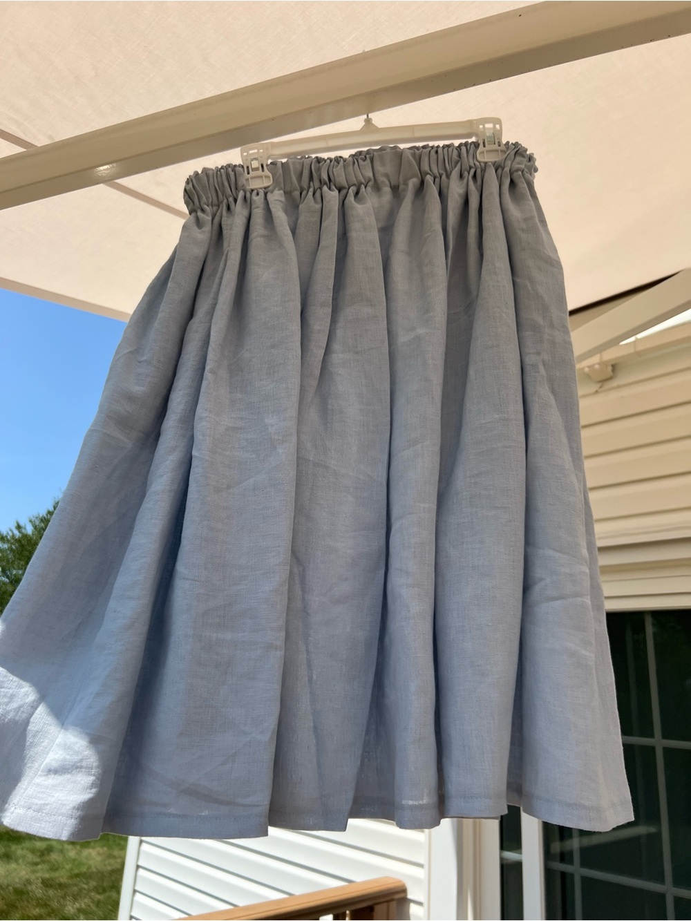 100% Linen Elastic-Waist Pale Blue Midi Skirt
